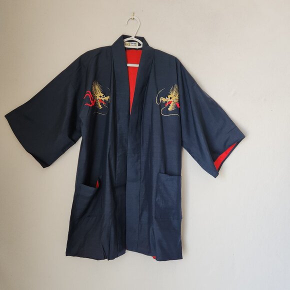 Japanese Dragon Embroidered Silk Kimono Robe Belt Blue Men's Made in Japan - Picture 5 of 12